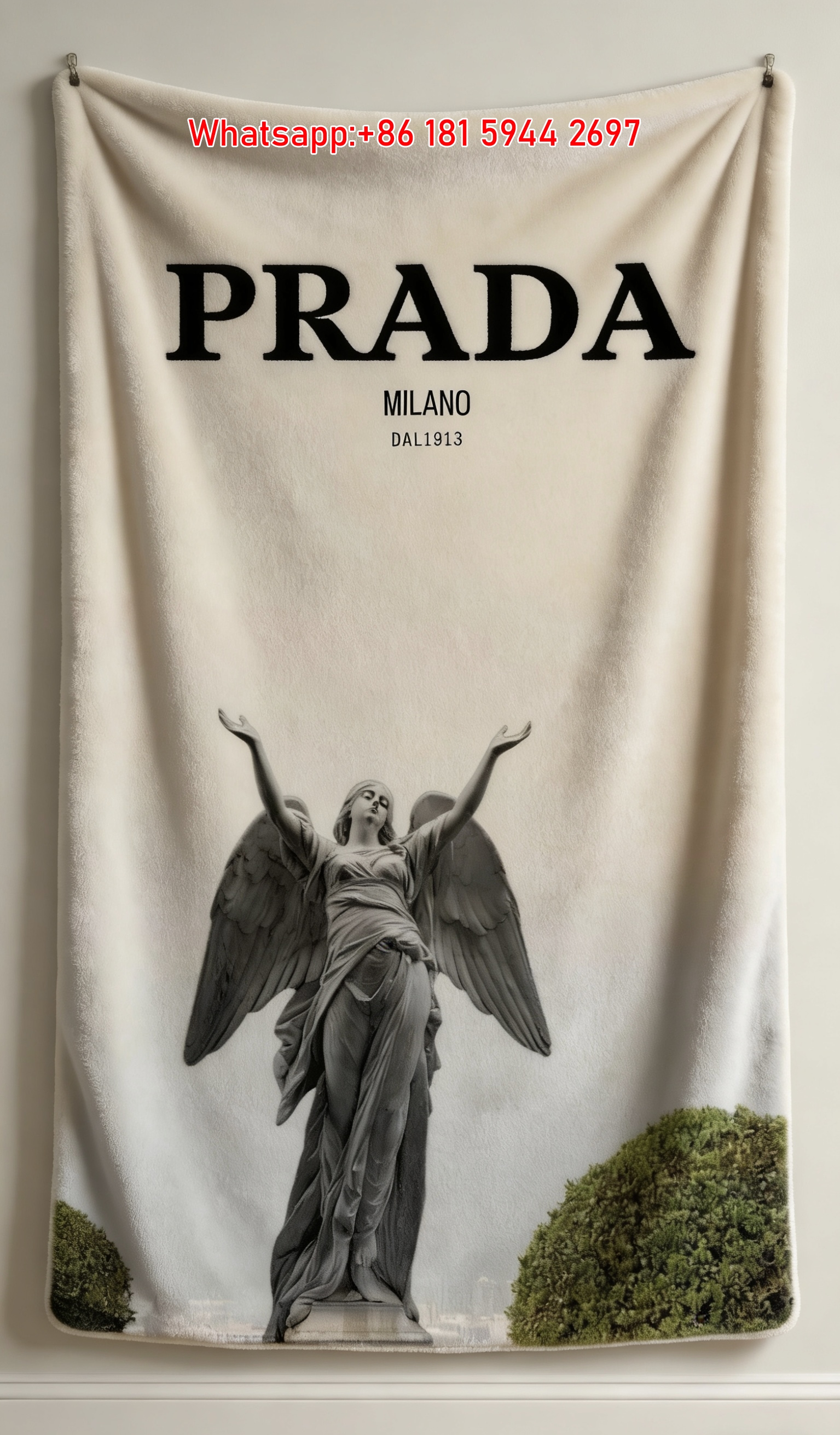 Prada Beige Grey Angel Statue Milano Dal 1913 Print Fleece Sofa Throw Blanket IMG_2674